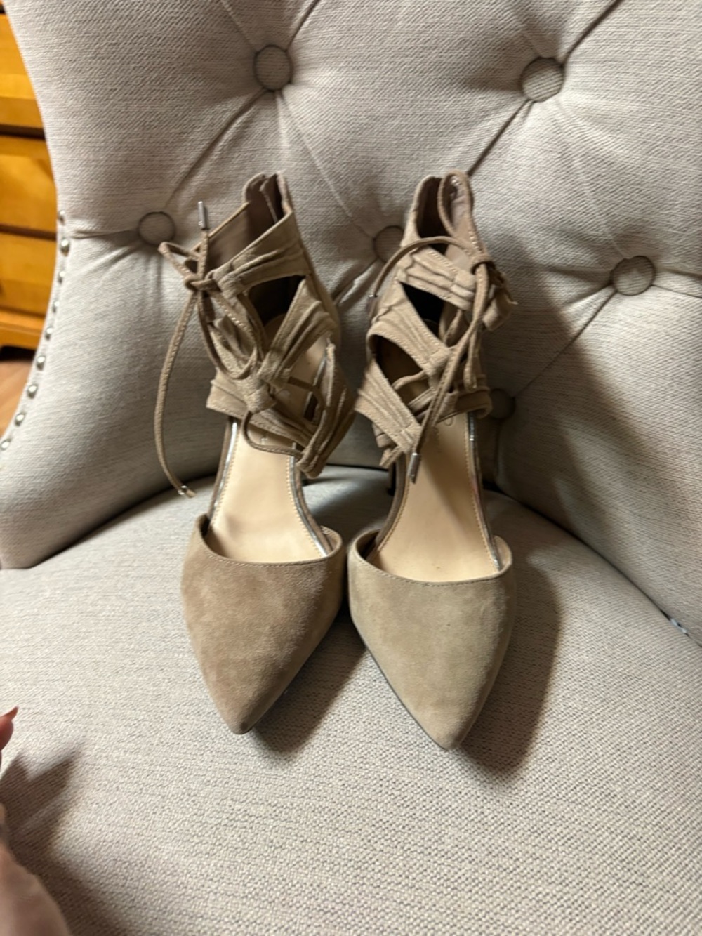 Jessica Simpson Pointed-Toe Suede Lace-Up Heels in Taupe - Picture 9 of 11